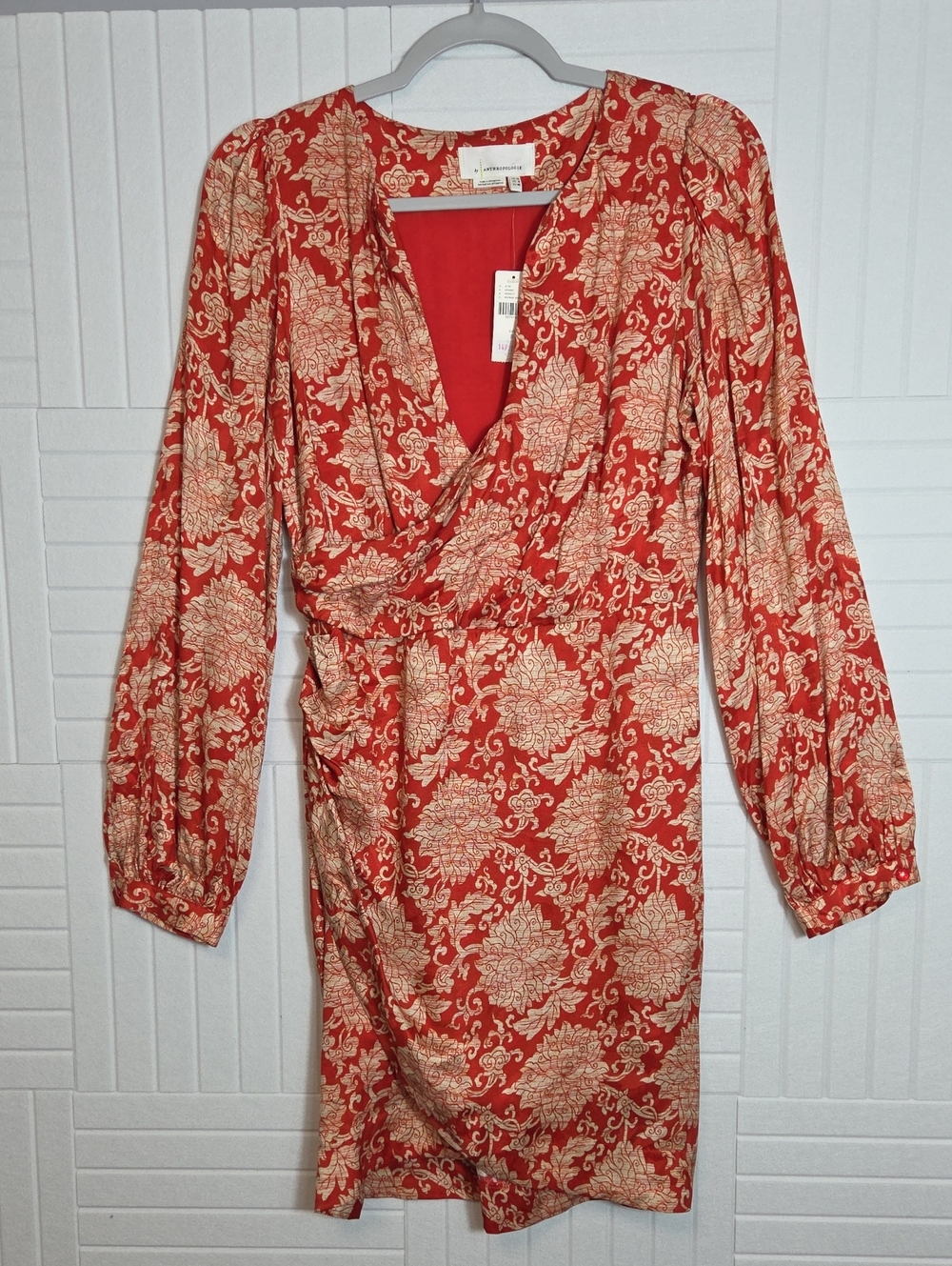 Anthropologie Red And Beige Ornate Silk Blend Button Cuff Faux Wrap Dress Size 8